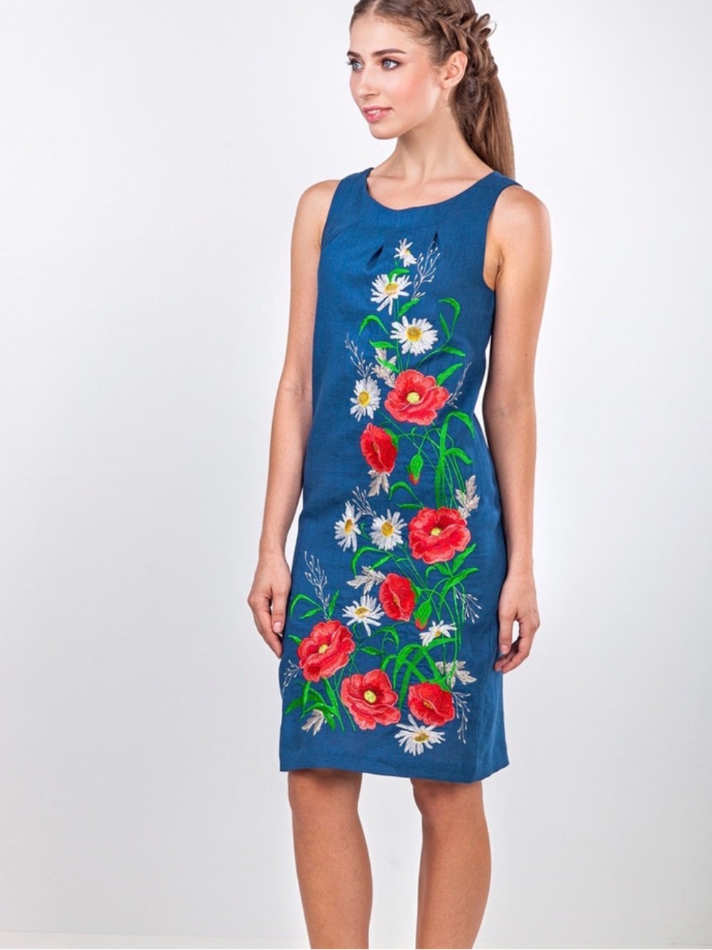 Ukrainian vyshyvanka dress traditional Midi with Red Floral Embroidery poppy